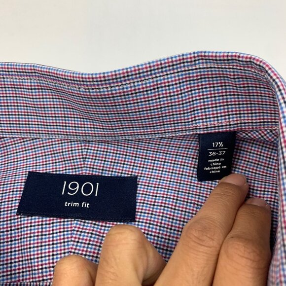 1901 Shirt Mens 17.5 Trim Fit Check Multi Mini Check Button Up Long Sleeve Dress - Picture 3 of 10